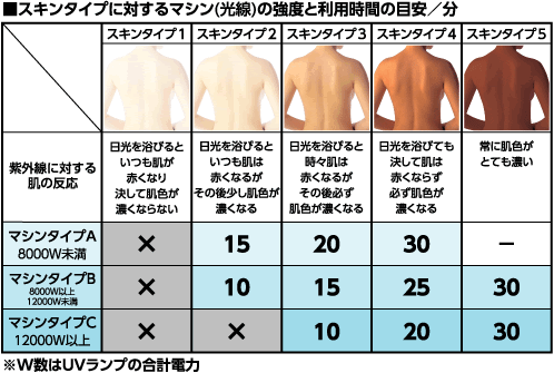 スキンタイプに対するマシン(光線) の強度と利用時間の目安／分